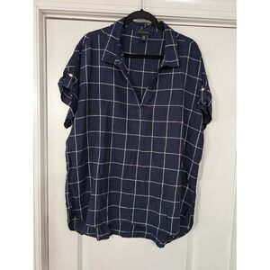 TAHARI Women's Navy White Gingham Check Linen Blend Shirt Tunic Top Plus Size 1X